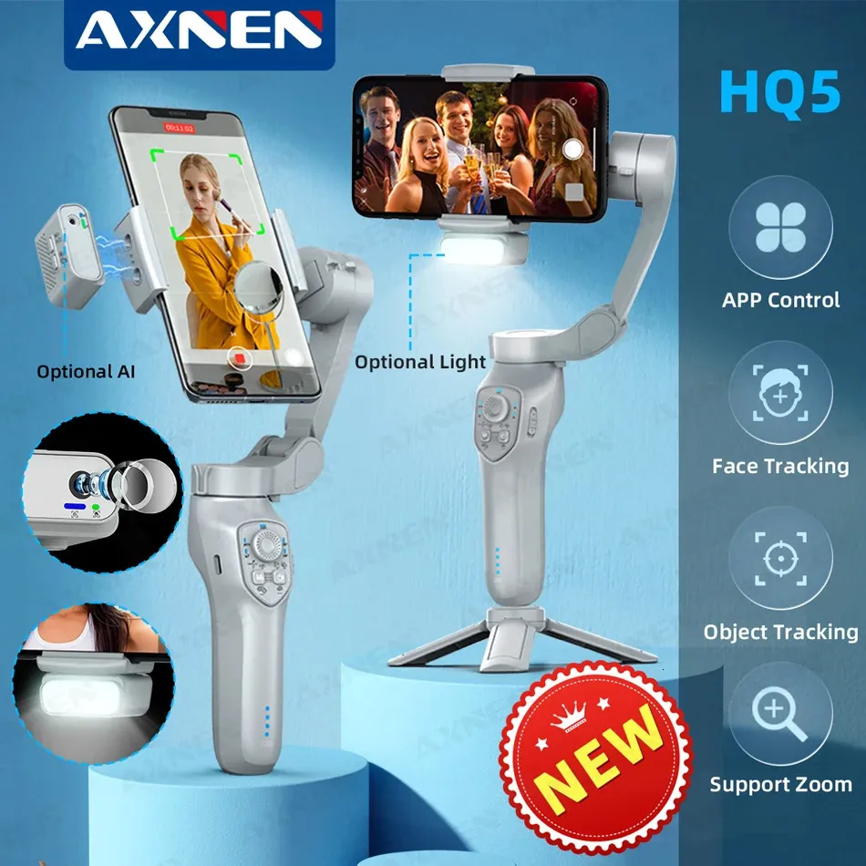 Stabilizzatori AXNEN HQ5 Stabilizzatore cardanico portatile a 3 assi Treppiede per selfie per smartphone iPhone Android Modulo AI opzionale Luce di riempimento VS HQ3 231216