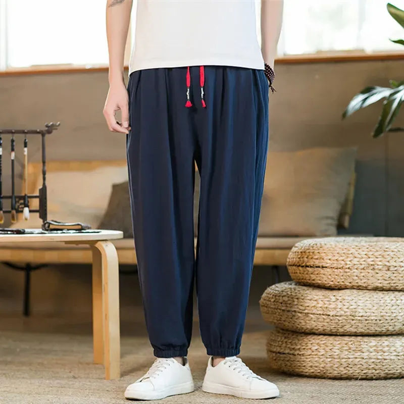 Calças masculinas estilo chinês harem homens streetwear casual corredores mens algodão linho sweatpants tornozelo calças m5xl 231216
