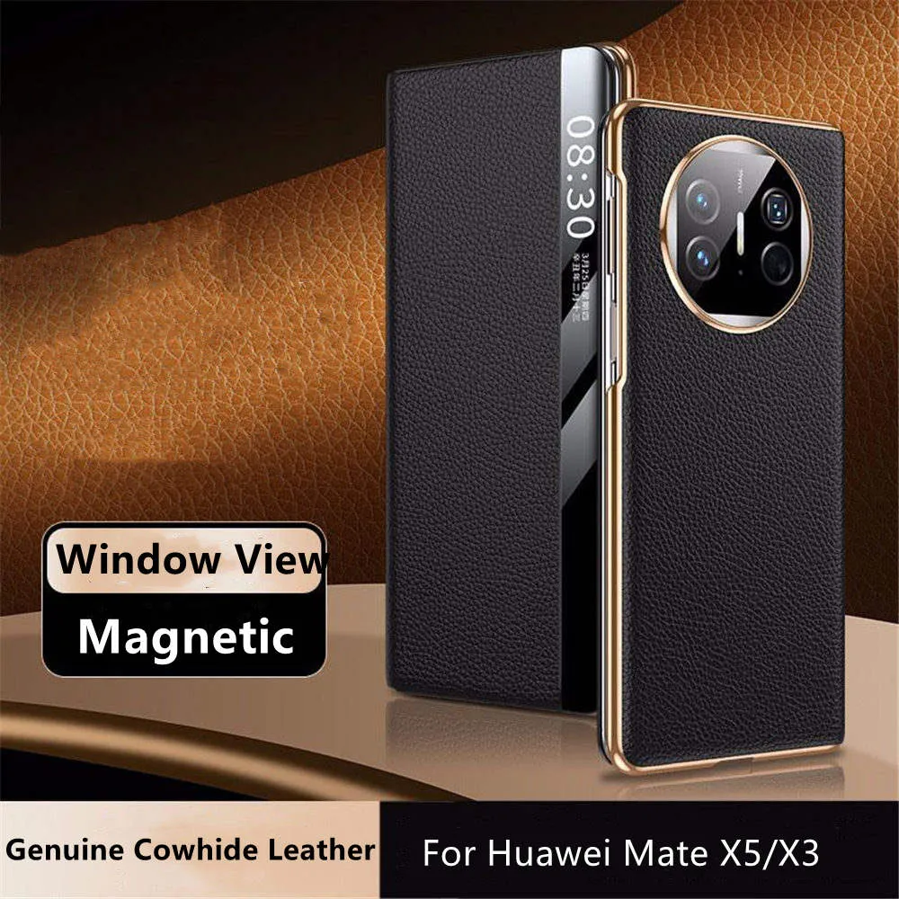 Äkta kohude lädermagnetiska flip fodral för Huawei Mate X5/X3 Window View Business Cover