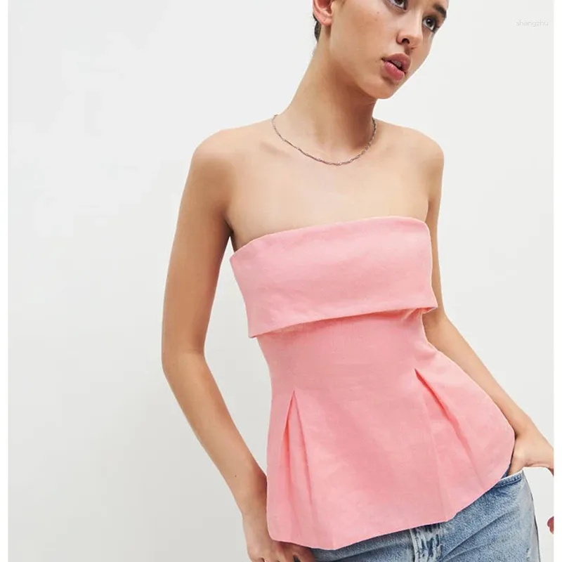 Damen Tanks Y2k Süßes rosa Plissee Bandeau Tank Top Schulterfrei Blumendruck Damen Baby Tube Fairycore Koreanische Kawaii Trägerlose Weste 00er Jahre