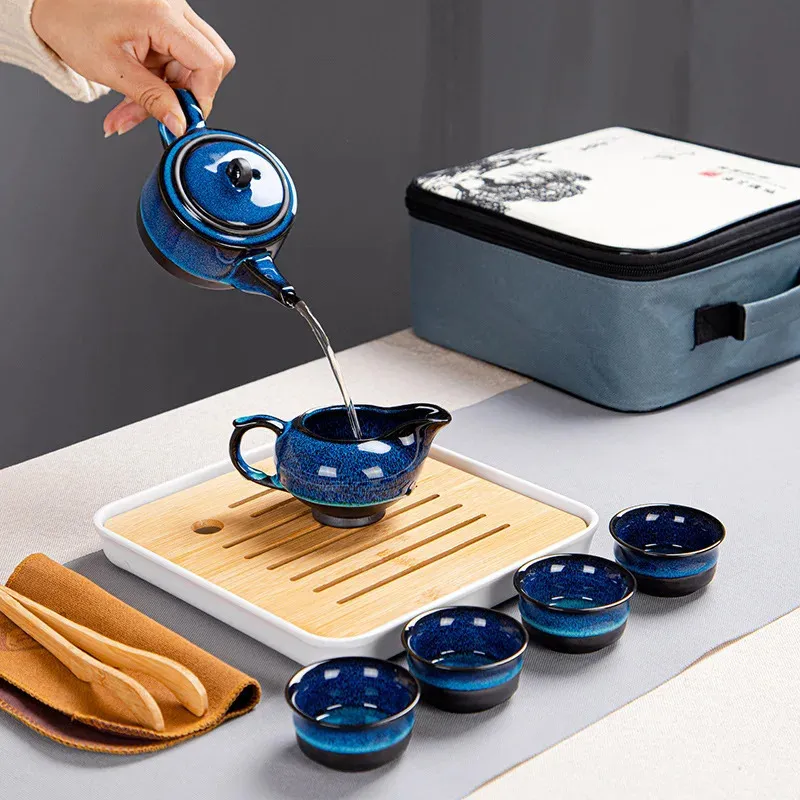 Wine Glasses Japanese Style Tea Set Teaware Sets Blue Ceramic Cups Business Gift Portable Travel Chinese Kung Fu Teapot 231216