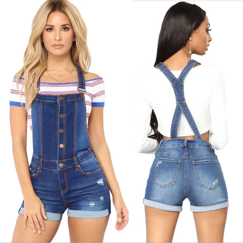 Woman Overalls Jeans Fashion Short Denim Pant Shorts Ripped Distressed Scratched Cuffs Casual Bleached Button Free Shopping