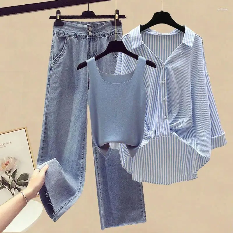 Calças femininas de duas peças roupas femininas idade reduzindo conjunto para primavera verão 2023 chegada camisa casaco com tanque top perna larga jeans três