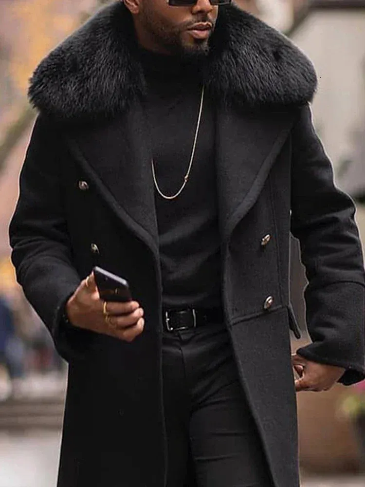 Mens Woolen Coat with Faux Fur Collar Long Sleeve Single-Breasted