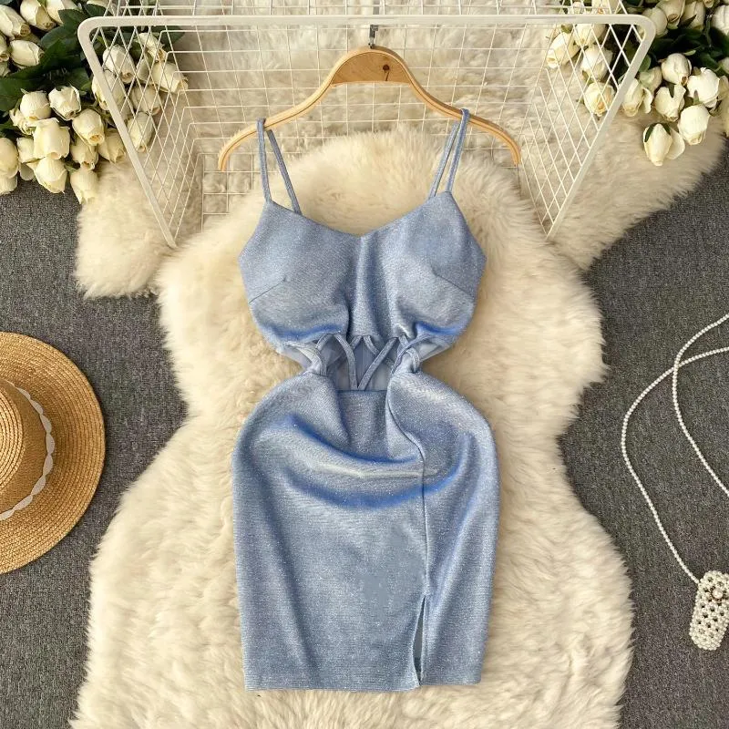 Casual Dresses Bodycon Mini Drees för Women Party Night Club Femme Dress Hollow Out Vestidos Sparkly Bling Side Slit Onepiece Drop