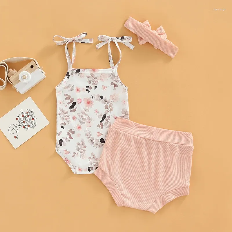 Clothing Sets 0-18 Months Born Girl Three-piece Outfits Sleeveless Floral Print Tie-up Romper Solid Color Shorts Decorative Hairband