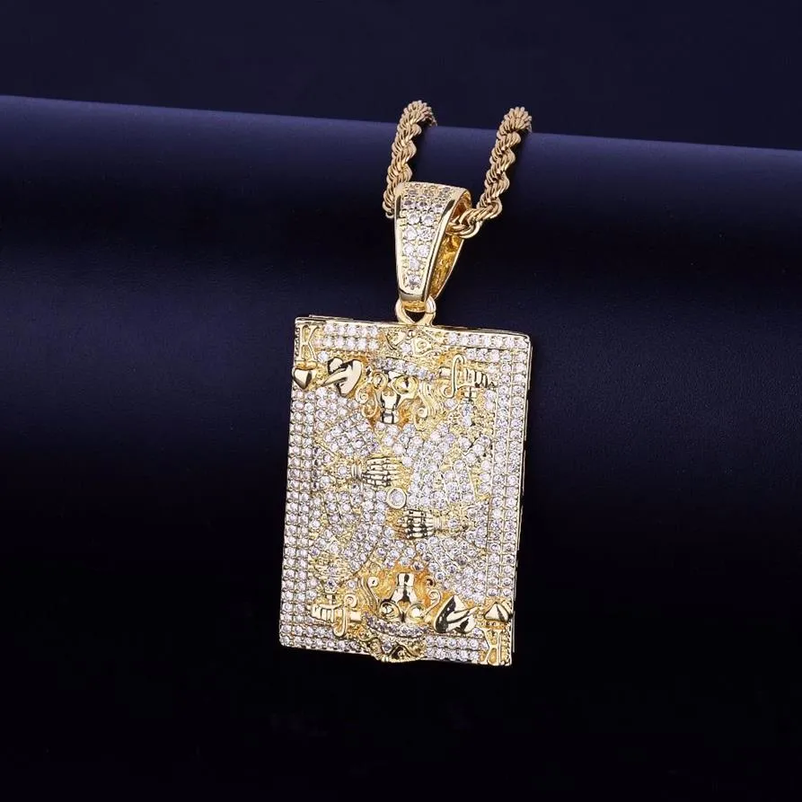 Rei poker pingente colar esqueleto humano hip hop jóias masculino cor de ouro zircão cúbico com corda corrente para gota 2295