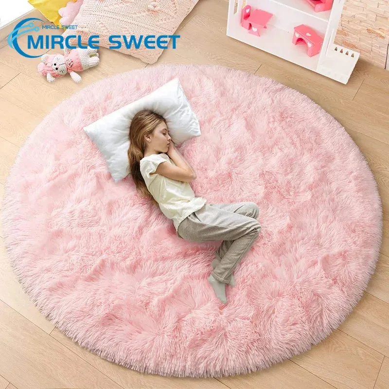 Carpets Pink Round Carpet Fluffy Soft Area Rugs for Kids Girls Room Princess Castle Plush Shaggy Carpet Cute Circle Nursery Rug Bedroom 231216