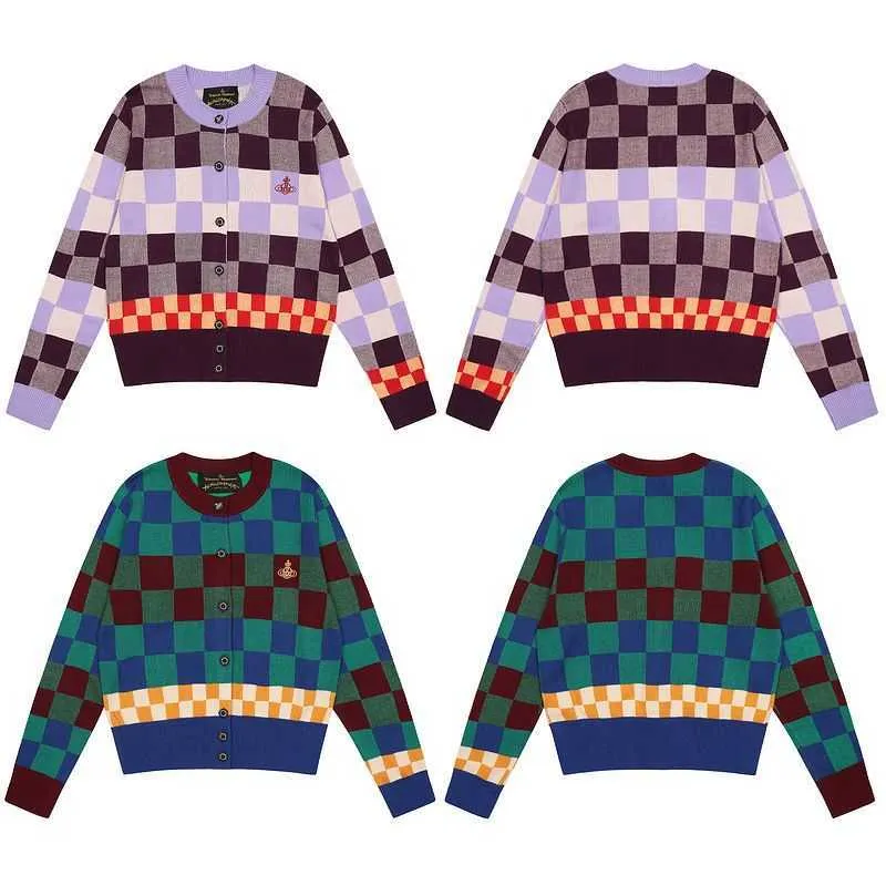 Suéter Masculino Vivi Empress Dowager Saturn Contrast Checkerboard Suéter Feminino Outono / Inverno Slim Fit Versátil Cardigan de Malha Tendência