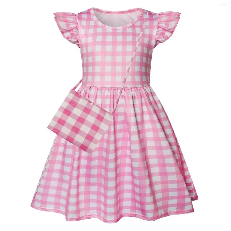 Vestidos de menina meninas boneca rosa cosplay traje crianças tema de halloween festa filme role play vestir-se manga flutter xadrez impressão a-line