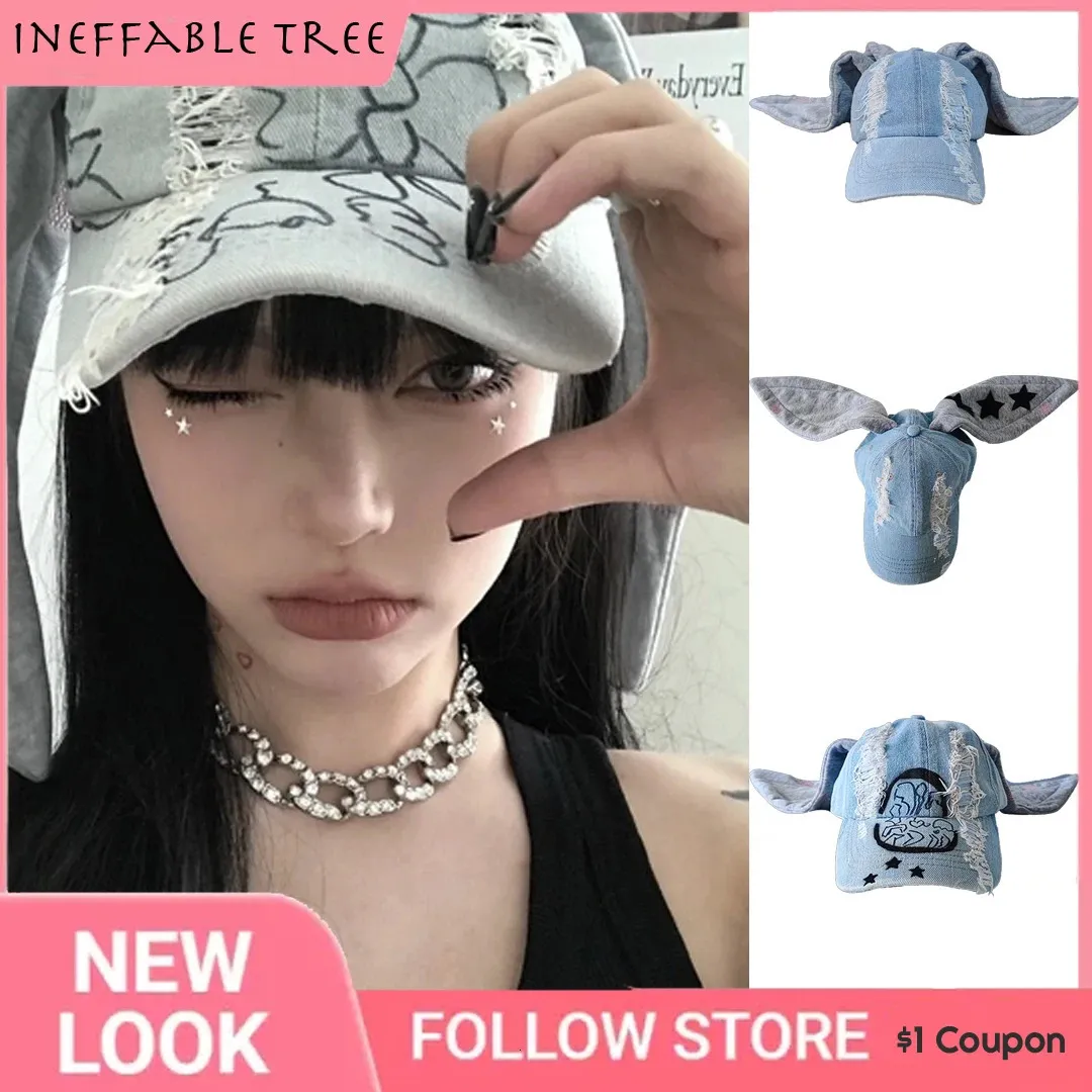 Ball Caps Y2K kochanie dziewczyna gwiazda Kpop Dance Party Cowboy Bunny Cap Long Rabbit Ear Baseball Hats for Women Men Akcesoria Gorra Hombre 231216