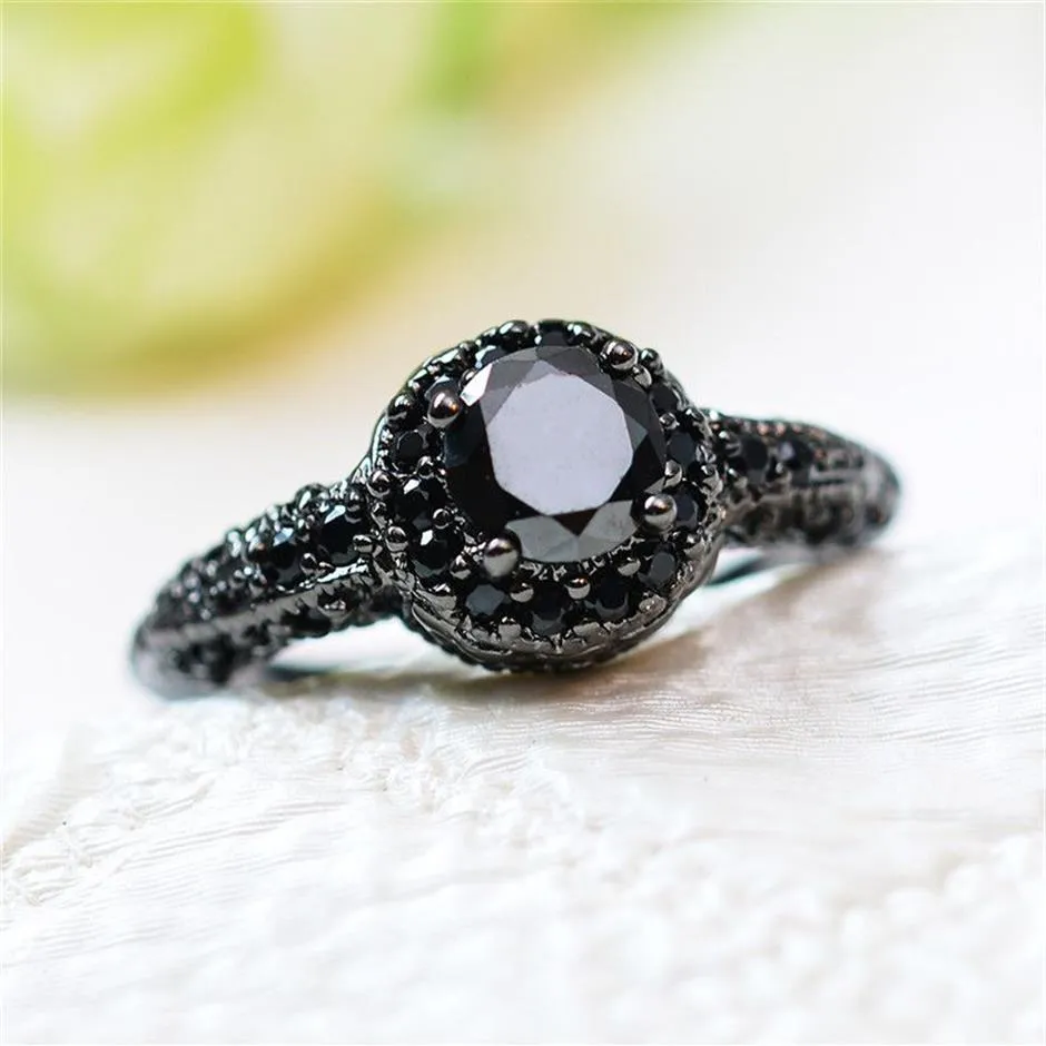 Vintage Schwarz Runde Zirkon Verlobungsringe Für Frauen Männer Antike Schwarz Gold Schmuck Männlich Weiblich Hochzeit Ring Kristall Jewelry202F