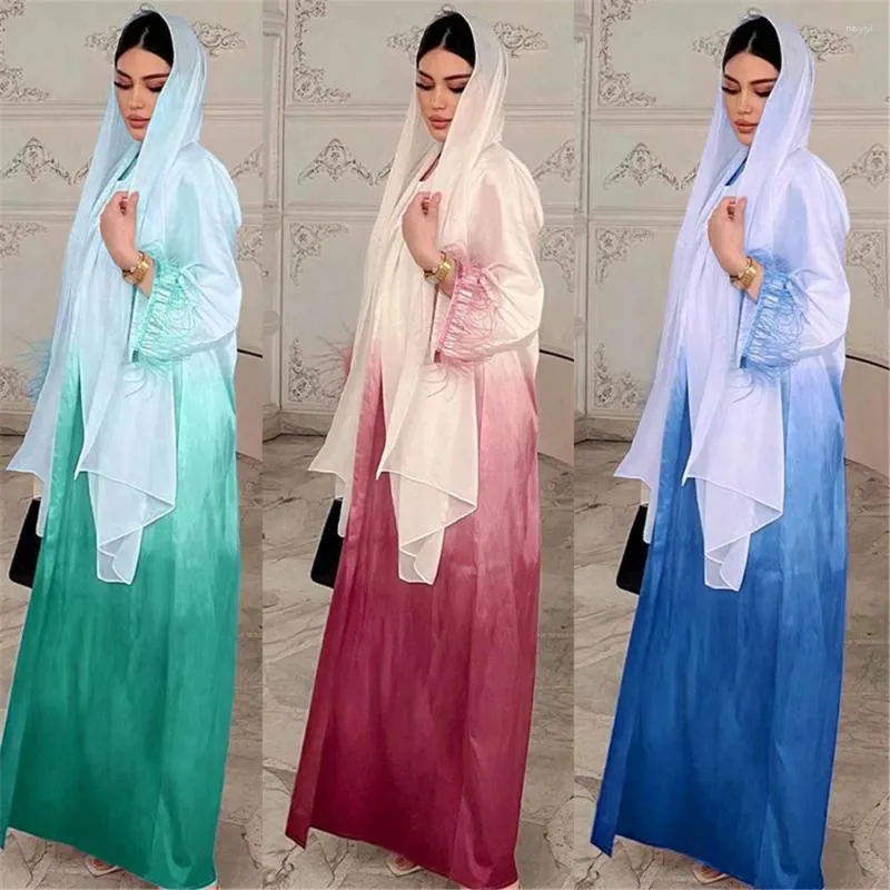 Vêtements ethniques 2PC Satin Ouvert Abaya Kimono Cardigan avec robe intérieure Ensemble pour femmes musulmanes Eid Soirée Robes Dubaï Kaftan Islamique