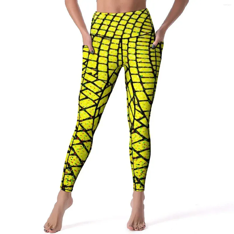 Women's Leggings Geometric Art Sexy Yellow Brick Road Print Workout Gym Yoga Pants High Waist Stretchy Sports Tights Pockets Leggins