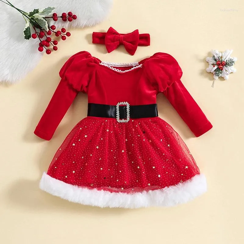Girl Dresses Christmas 6M-4Y Kids Outfit Long Sleeve Stars Sequined Patchwork Dress With Bow Headband For Cosplay Party