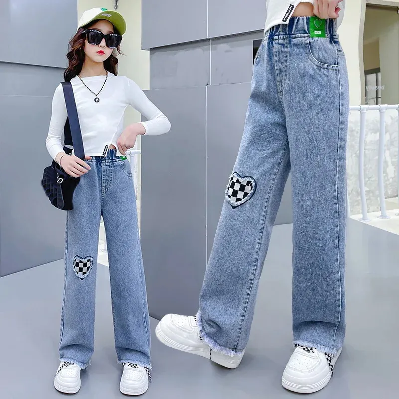 Jeans Style d contract Jeans pour fille v tements adolescents lastique taille haute Denim pantalon jambes larges printemps grands enfants pantalon