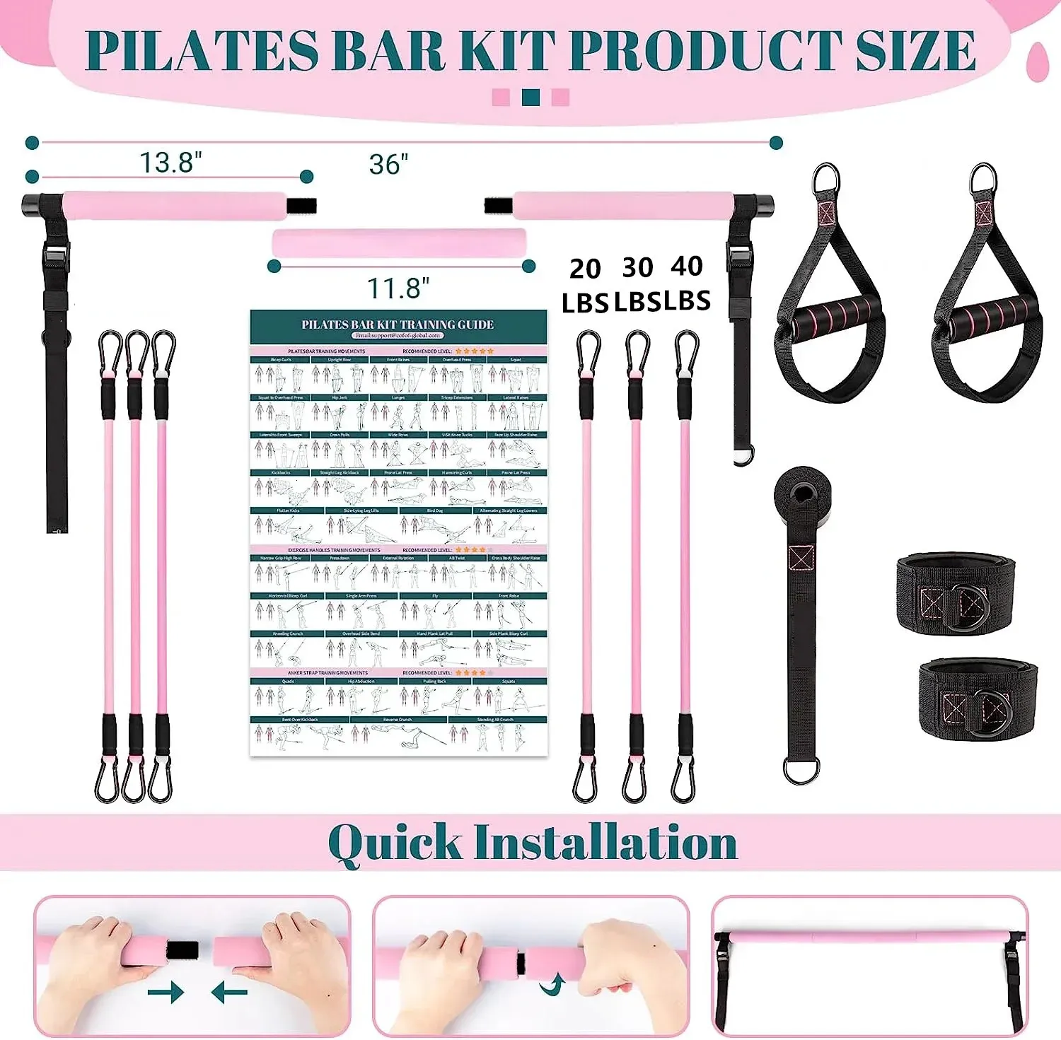 GIKERSY Pilates Bar kit, avec Bande de résistance, Barre de Yoga, avec