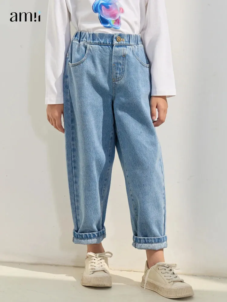 Jeans Amii Bambini Jeans per bambini per ragazze Autunno Ricamo Cartoon Allentato Casual 3-14 anni Adolescente Retro Denim Blue Pant 22343018 231216