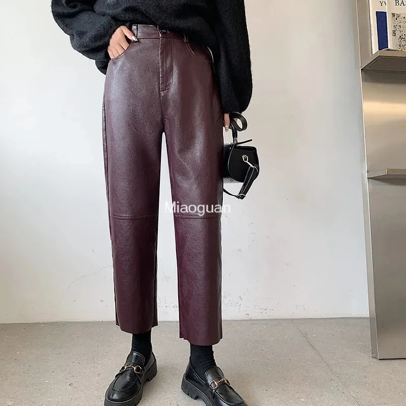 Men's Pants Burgundy Leather Pant's Wide Leg Trousers Korean Style Y2k Fashion Loose High Waisted Black Pu Baggy Autumn 231216