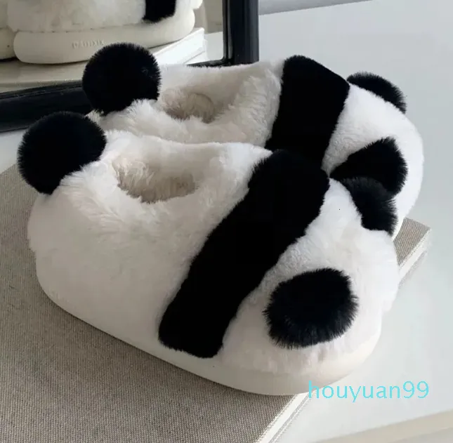 Pantoufles noir et blanc mignon panda curseur femmes fourrure moelleuse plate-forme chaussures à semelles épaisses hiver Kawai mousse à mémoire de forme maison