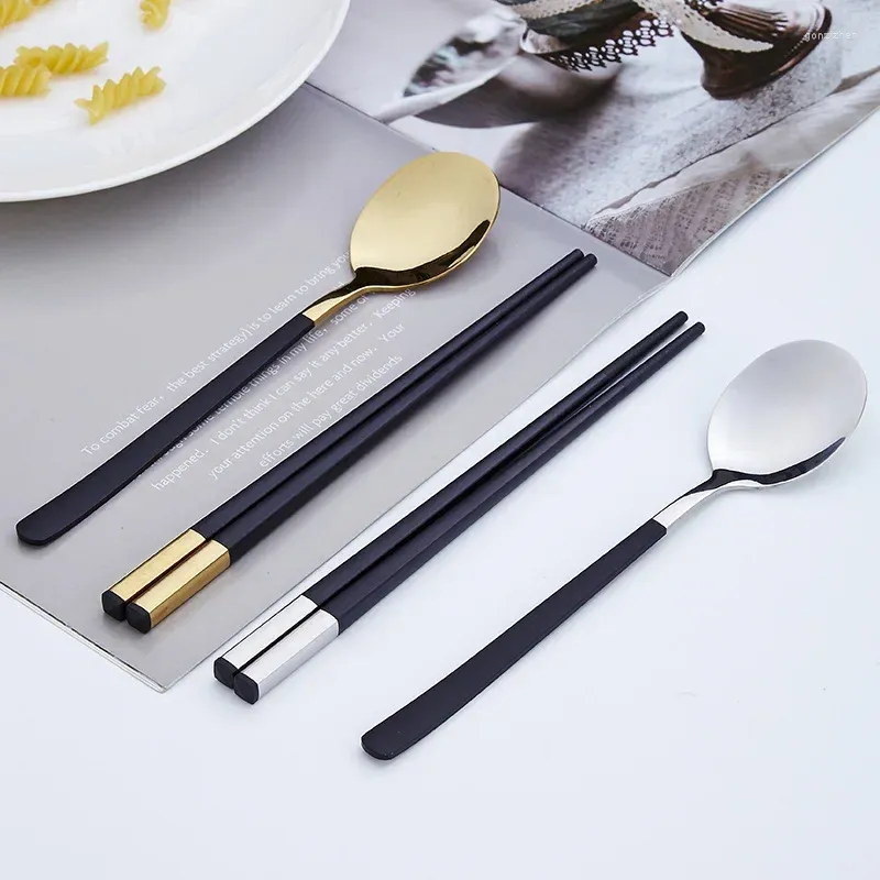 Dinnerware Sets 3Pcs Set Korean 304 Stainless Steel Tableware Chopsticks Spoon For Students Outdoor Travel Single Kitchen Supplies