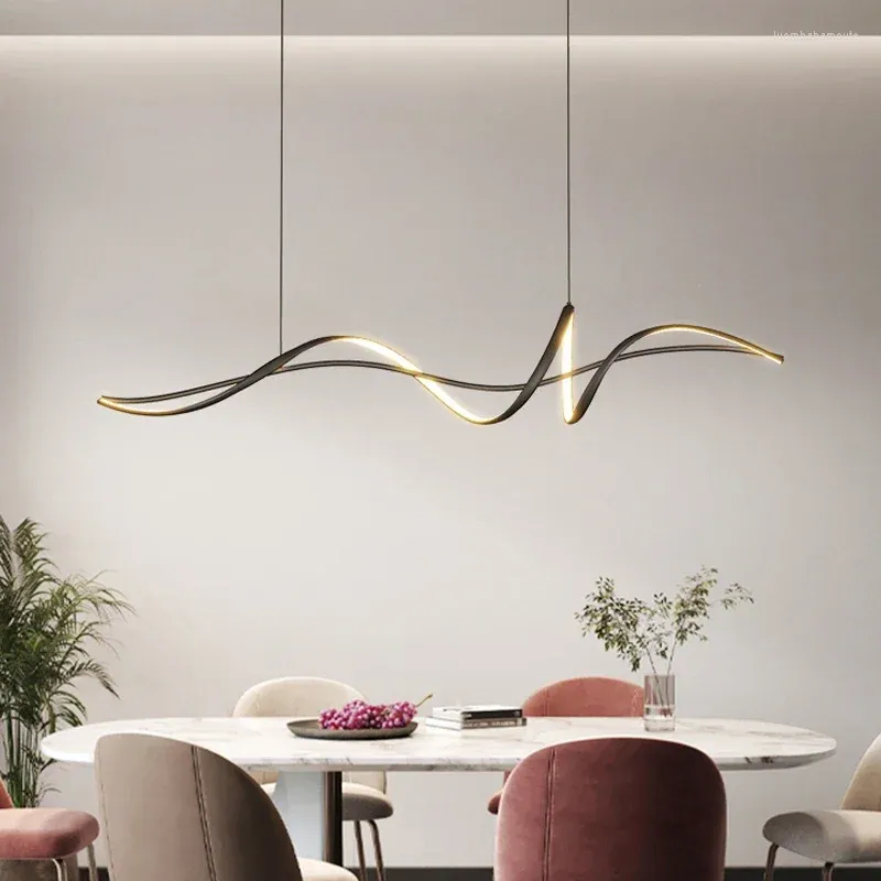 Lustres minimalistas modernos LED luminária para sala de jantar cozinha bar sala de estar quarto preto curva candelabro design pendurado luz