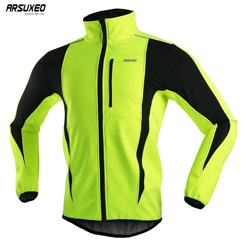 Cykeljackor Arsuxeo Men Winter Cycling Jacket Thermal Fleece Bike Jersey Windproof Waterproof Softshell Coat Bicycle Jacket Reflective 231216