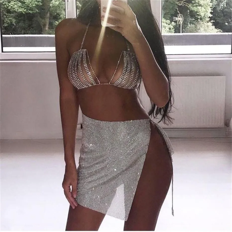 Rhinestone Crystal Bikini Bra Top Chest Belly Tassel Chains Crossover Harness Halsband Body Jewelry Festival Party Cover Up T20050300Y