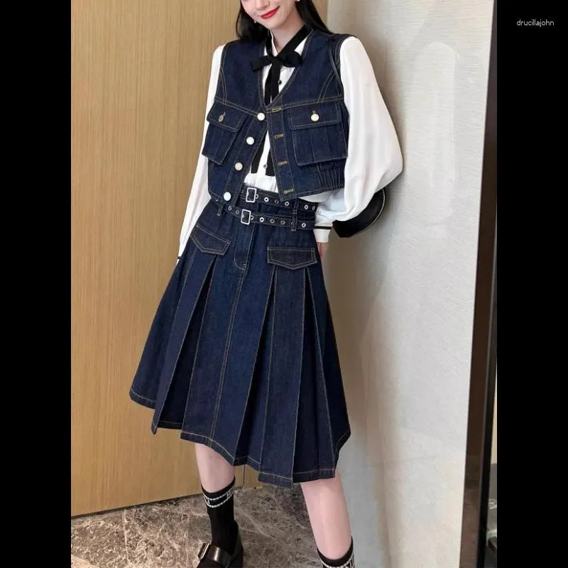 Belted Waist Two-Piece Denim Skirt Outfit Belted Waist Two-Piece Denim Skirt Outfit