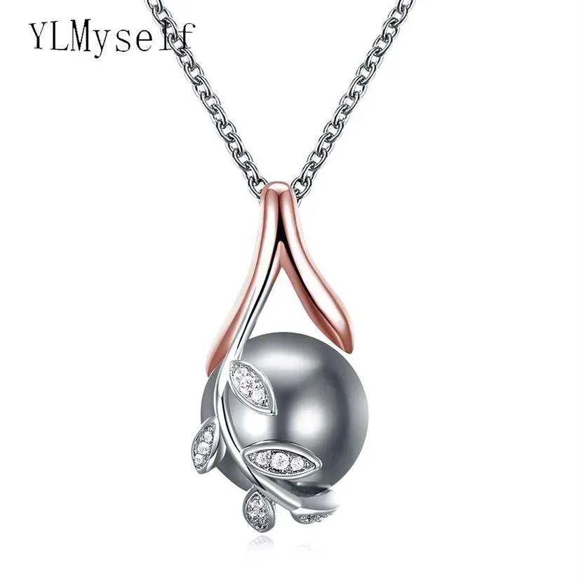 Drop charms pendants rose gold plate pave grey pearl & cubic zircon crystal jewelry pendant necklace for women280C