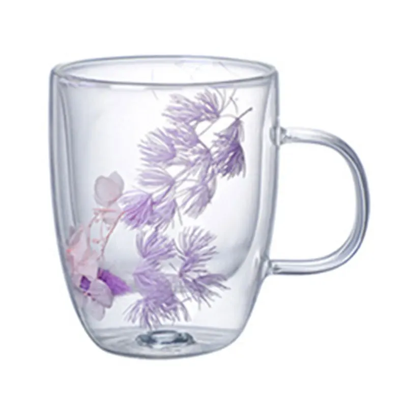 Dried Flower Double Wall Clear Glass Coffee Mugs Double Insulated