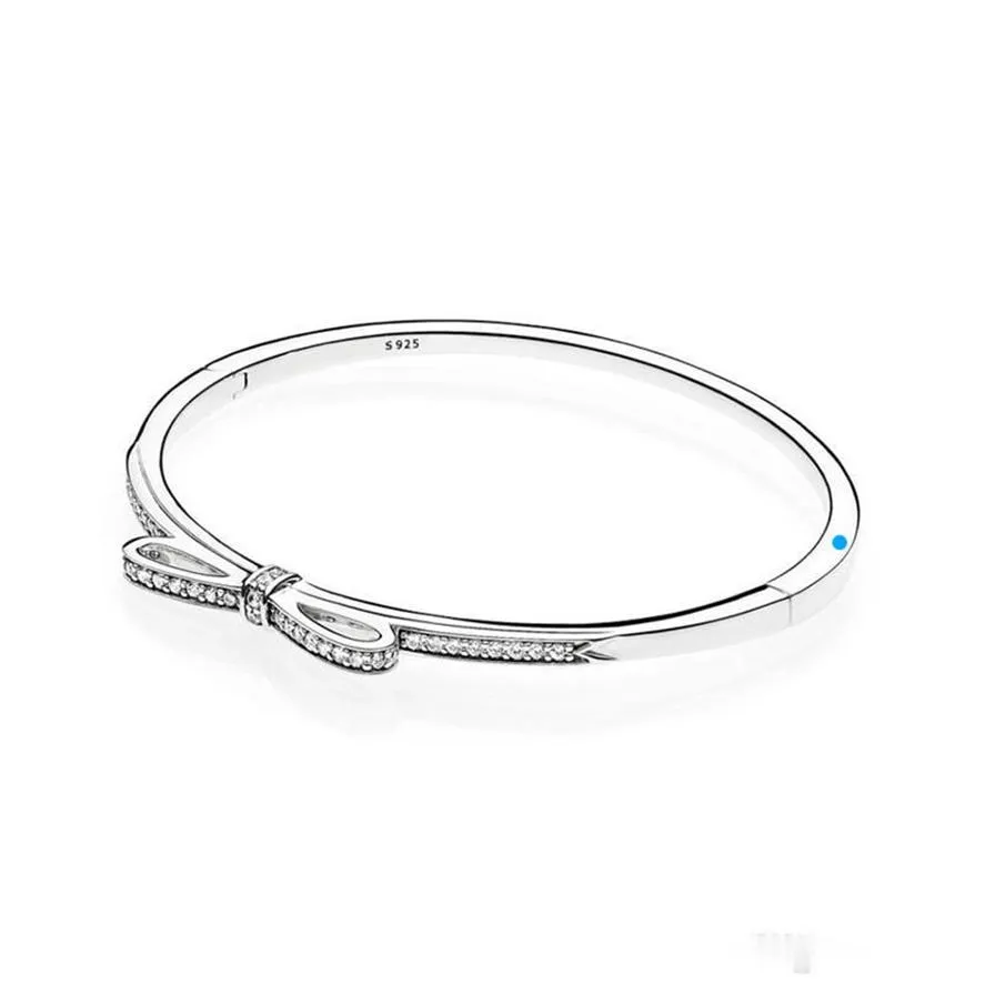 Arrivo 925 Sterling Silver Sparkling Bow Bangle Bracciale Scatola originale per donne con diamanti Set di gioielli regalo Weddnig2129