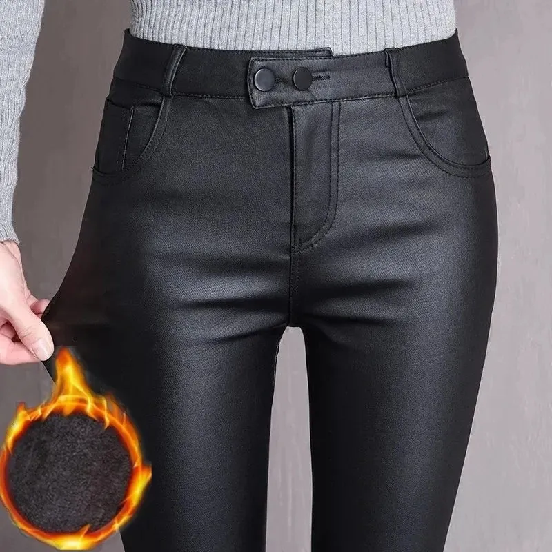 Herrbyxor tillsätt sammetno sammet svart faux pu läder byxa kvinnor hög midja stretch leggings höst vinter casual mager blyertsbyxor 231216