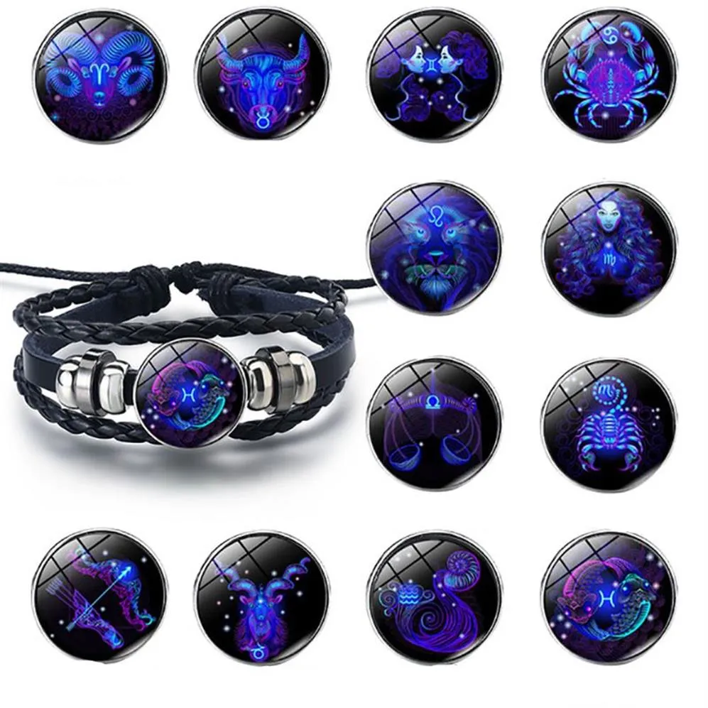 Twelve Constellations starry sky Bracelet Handmade leather couples bracelets Zodiac Glass Charm Bracelet for Christmas present Fre3435