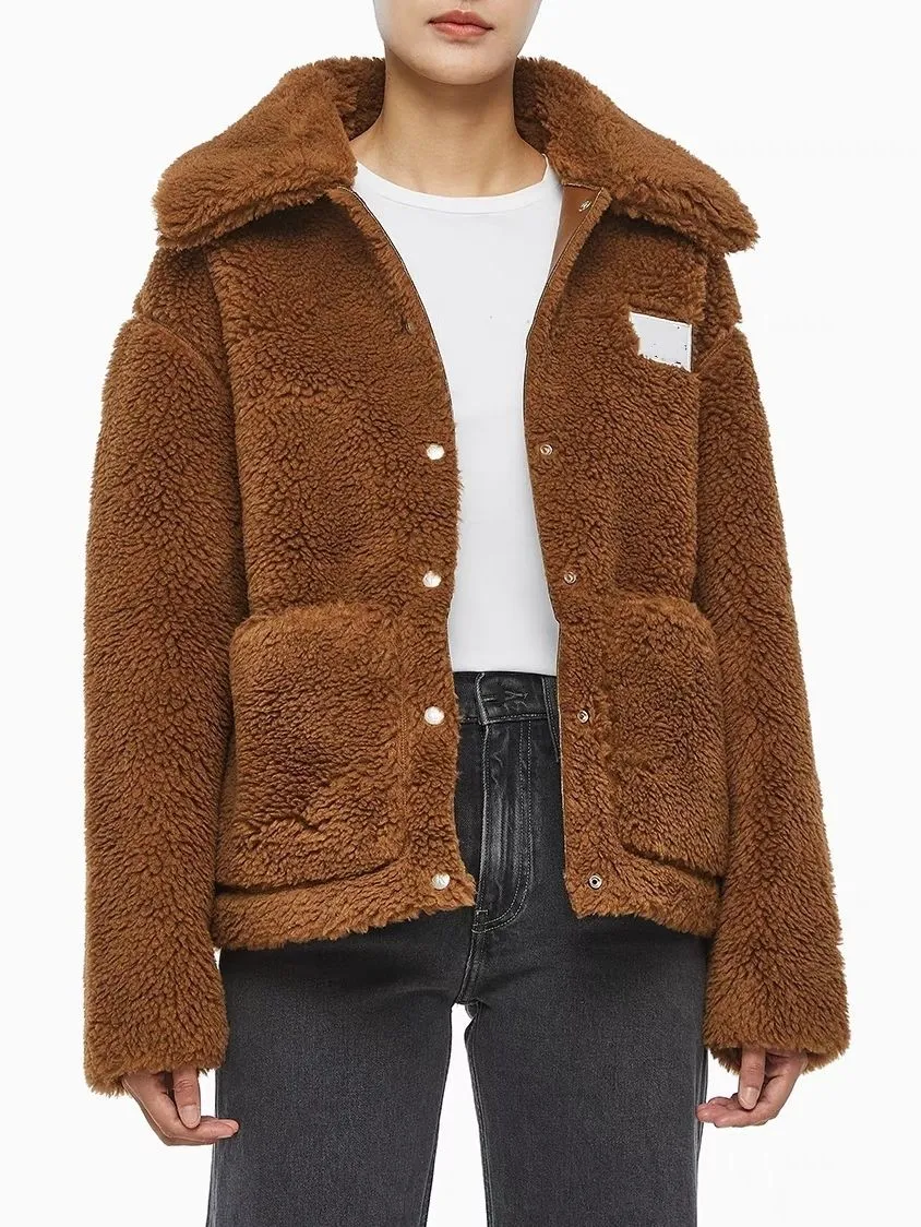 Cappotto invernale caldo da donna con colletto rovesciato in pelliccia sintetica di agnello a maniche lunghe, tasche grandi, di nuovo design, SML