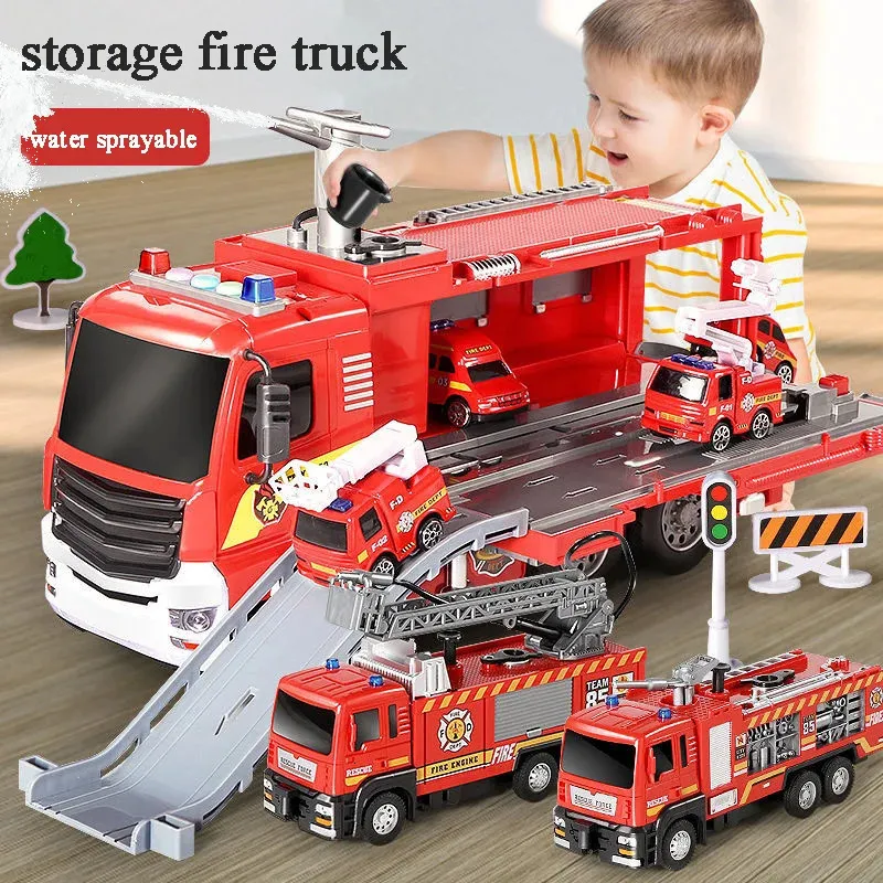 Voiture électrique RC pour enfants, camion de pompiers de ville, jouet grand jet d'eau, parking multifonction, voiture ferroviaire, cadeau éducatif pour enfant 231218