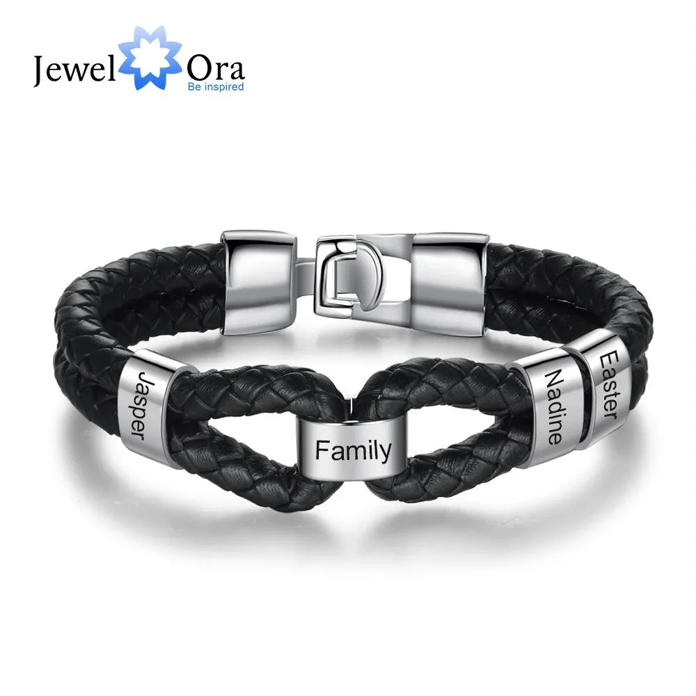 Bangle Jewelora Personalized Men Leather Bracelet with Custom Beads Stainless Steel Engraved Bracelets for Men Male Jewelry Gifts