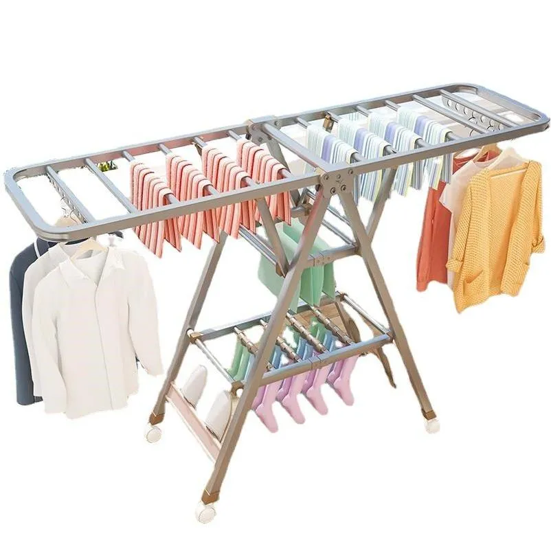 Hangers Rekken Kleerhanger Vloer Vouwen Binnen Huishouden Roestvrij Staal Baby Eenvoudig Balkon Dekbed Drogen Drop Delivery Home Gard Ottax