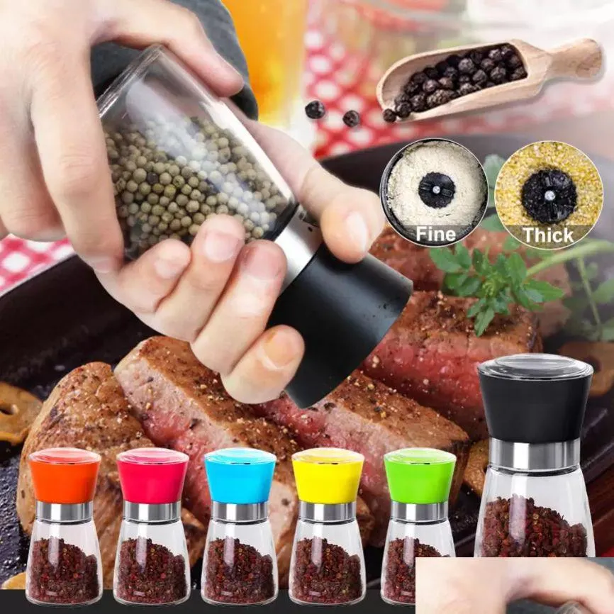 Salt And Pepper Grinder Set - 2pcs Glass Manual Mills, Adjustable Coarseness, Stainless Steel Lid