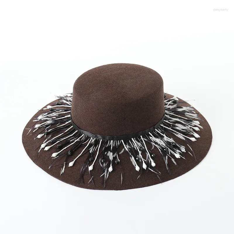 BERETS X368アダルトウールFedora Hat Wide Brim Tassel Fedoras Flat Top Women's Felt Retro Caps Fackinator Hats