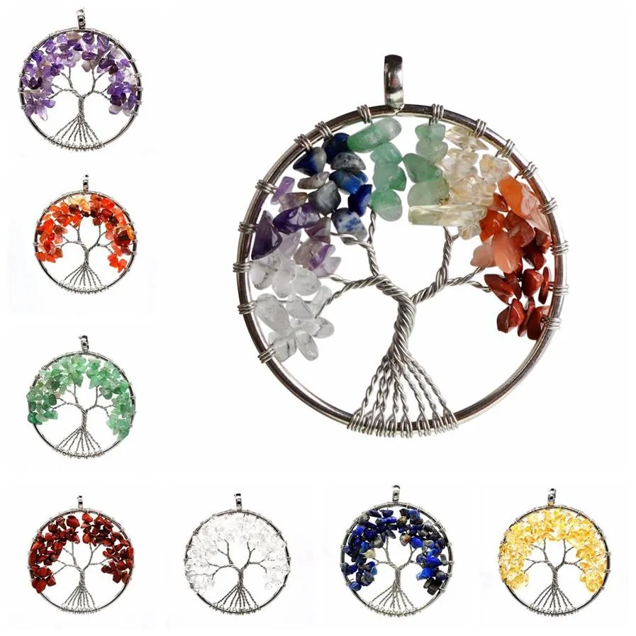 Tree of Life Necklace 7 Chakra Stone Beads Natural Amethyst Sterling-silver-jewelry Chain Choker Pendant Necklaces for Women Gift3521