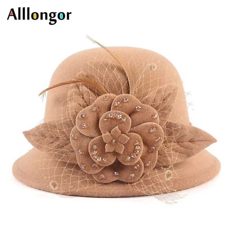 Wide Brim Hats Bucket Hats Luxury Fedoras Hats Women Autumn Wool Bowler Winter Wedding Fedora Hat Floral Crystal Church Fascinator Elegant Felt Cap 231218