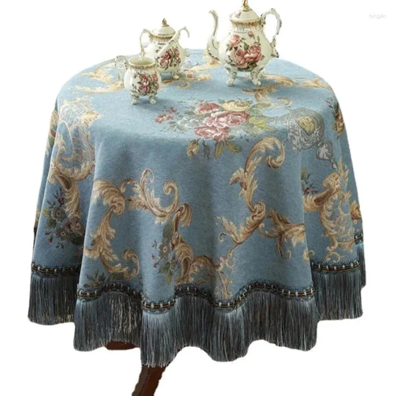 Nappe de table ronde de luxe européenne, en Jacquard Rose, avec pompons de salle à manger, couverture en Chenille rétro, pour événements, fêtes de mariage, maison