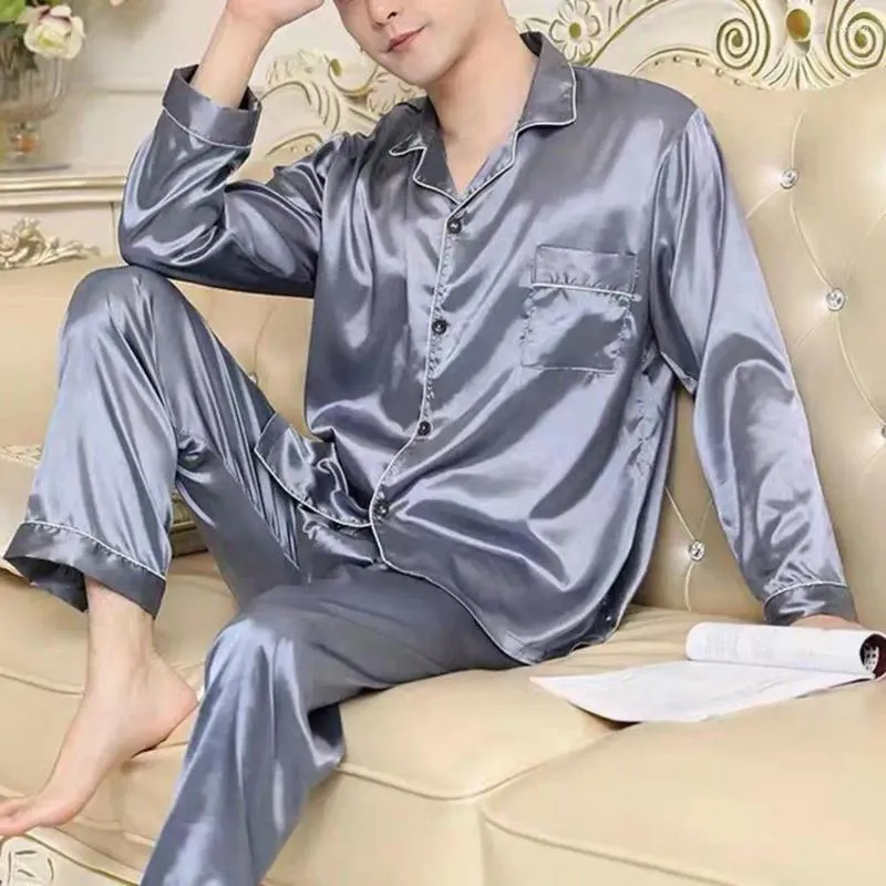 Men voor heren slaapkleding Men Pyjama Set Satin Rapel met shirt met lange mouwen Wide been broek voor herfstveer tweedelig