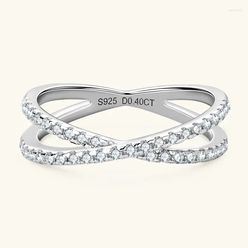 Anéis de cluster Sterling Silver Mosantine X-Forma Anel Simulado Diamante CZ Criss Cross para Mulheres Casamento Noivado Jóias Presente