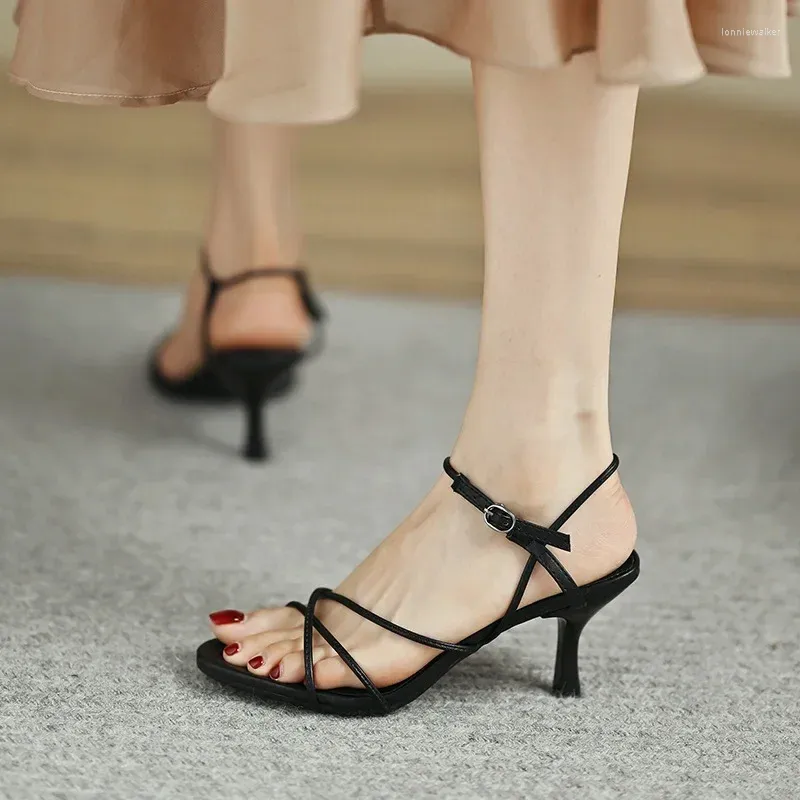 Sandals Stiletto Pumps Sexy Shoes Women 2024 Summer High Heels Black Pu Leather Rome Sandalias Mujer Shoe Ankle Strap