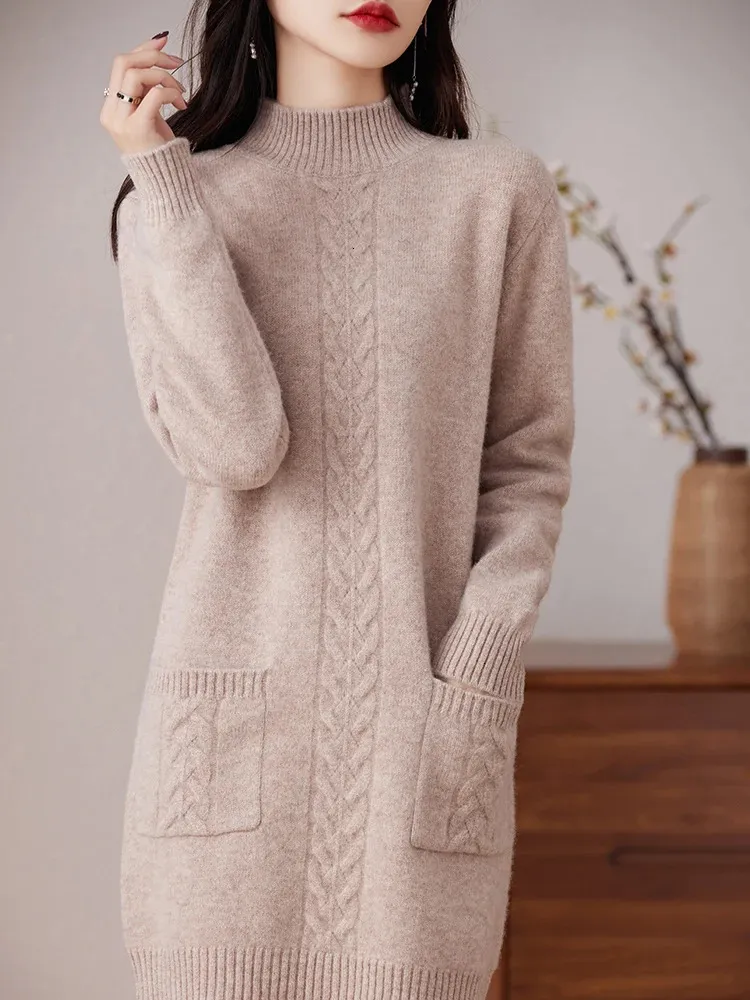Maglioni da donna Autunno Inverno Moda Maglione lungo 100% lana merino Doppie tasche Dolcevita Pullover Manica Top femminile 231218