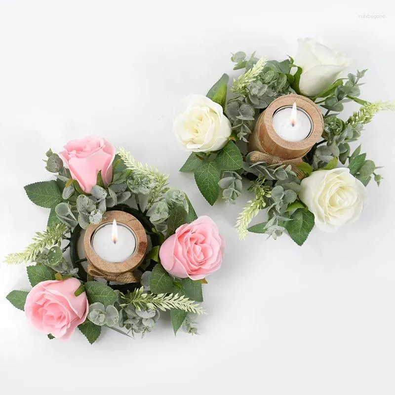 Decorative Flowers Wedding Candle Holder With Artificial Rose Wreath Candlestick For Table Centerpiece Home Decoration Party Supply
