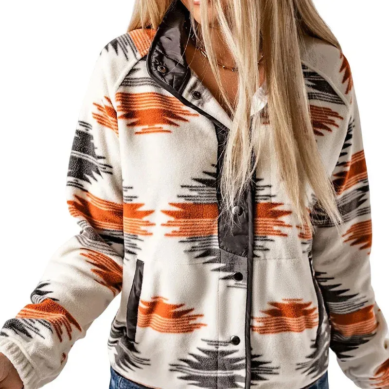 Damenjacken Mode Fleecemantel Kontrastfarbe Ethnischer Stil Bedruckte Strickjacke Jacke Winter Langarm Oberbekleidung Kleidung 231218