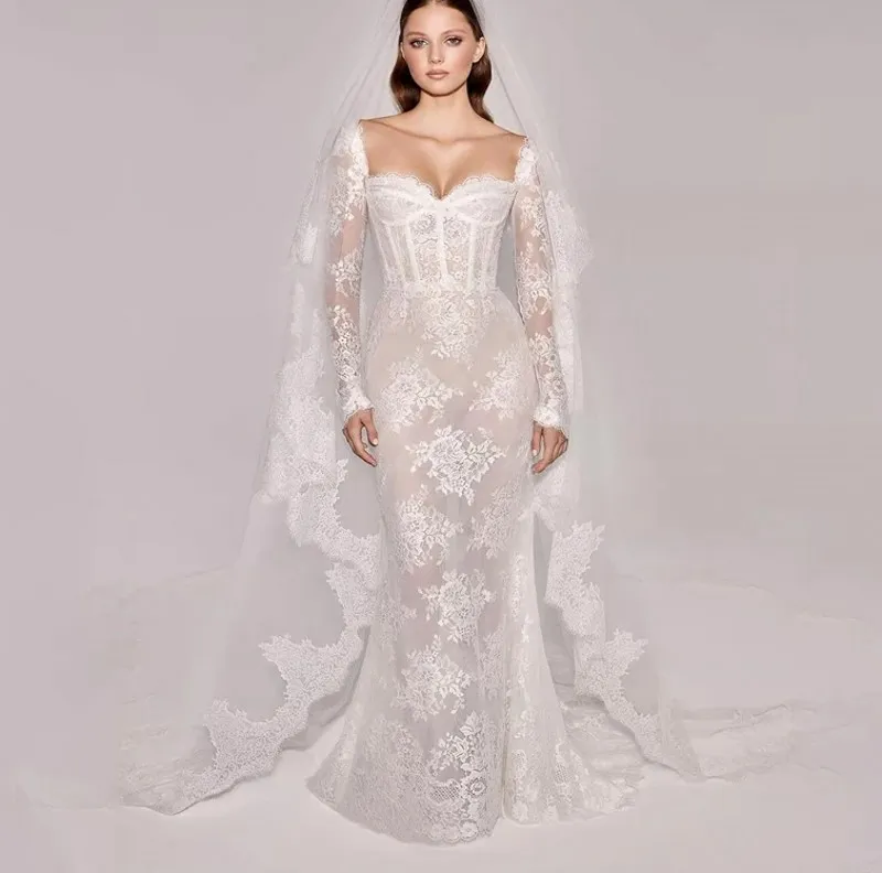 Sexy vestido de casamento de renda para as mulheres 2024 querida sereia applique rendas mangas compridas vestido de noiva vestidos novia robe de mariage
